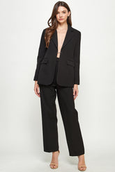 Classic Black Tailored Blazer with Matching Wide-Leg Pants – Women's Elegant Two-Piece Suit Set